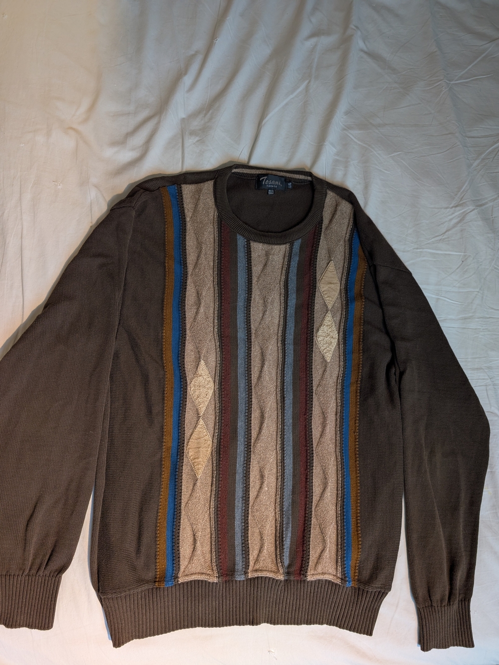 Tosani Brown Cable-Stripe Crewneck Sweater